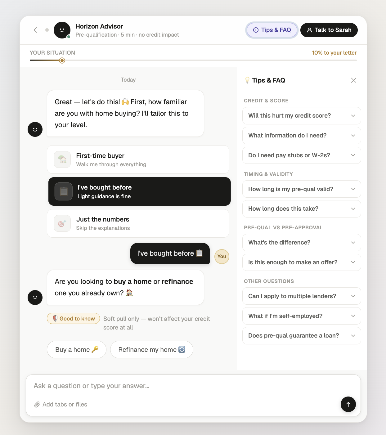 Full chat interface with Tips & FAQ side panel