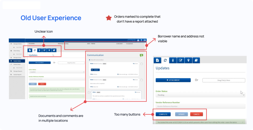 Old User Experience — annotated screenshot showing unclear icons, scattered documents, too many buttons, and missing borrower info